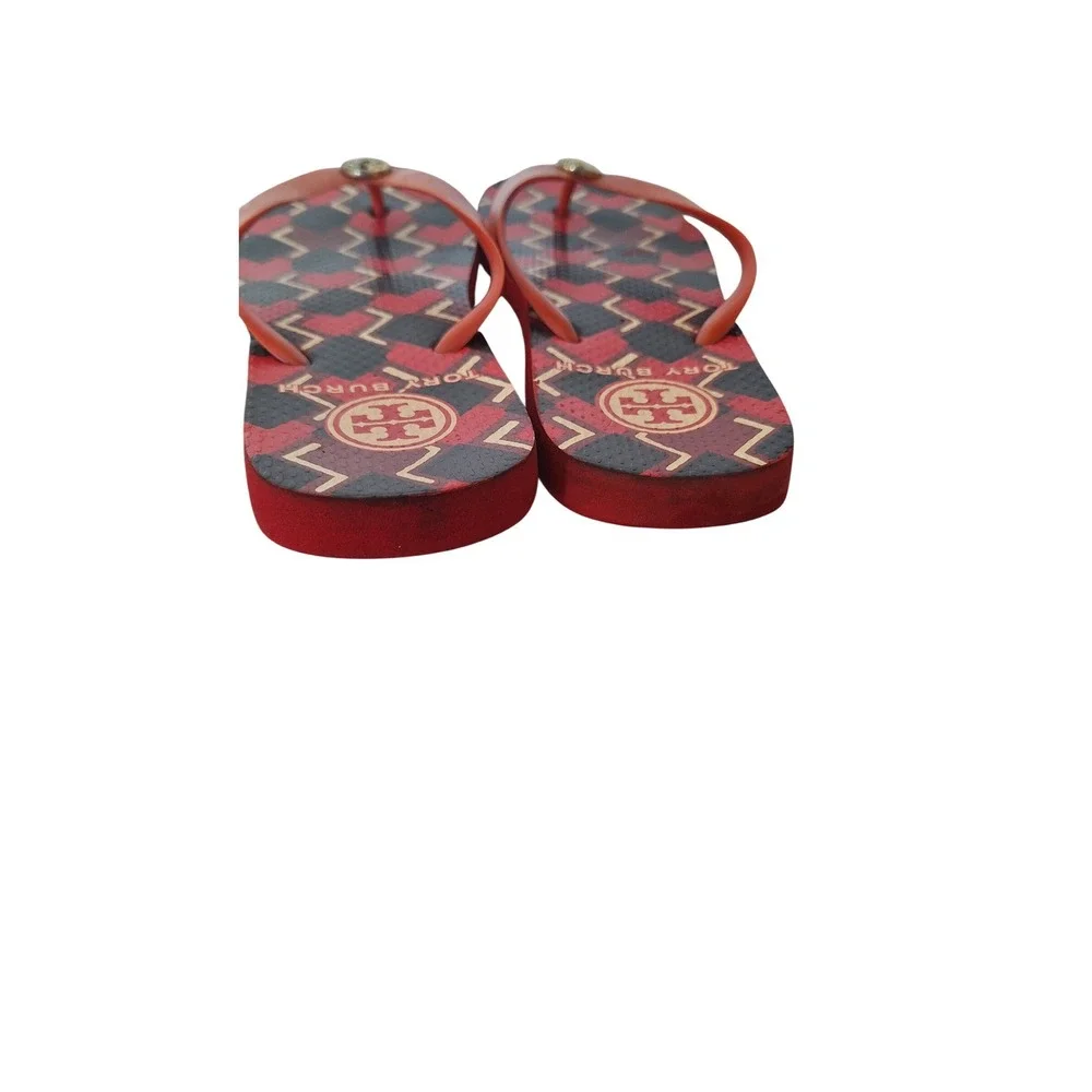 Tory Burch Red Black Geometric Logo Flip Flop Sandals Women Size 9.5